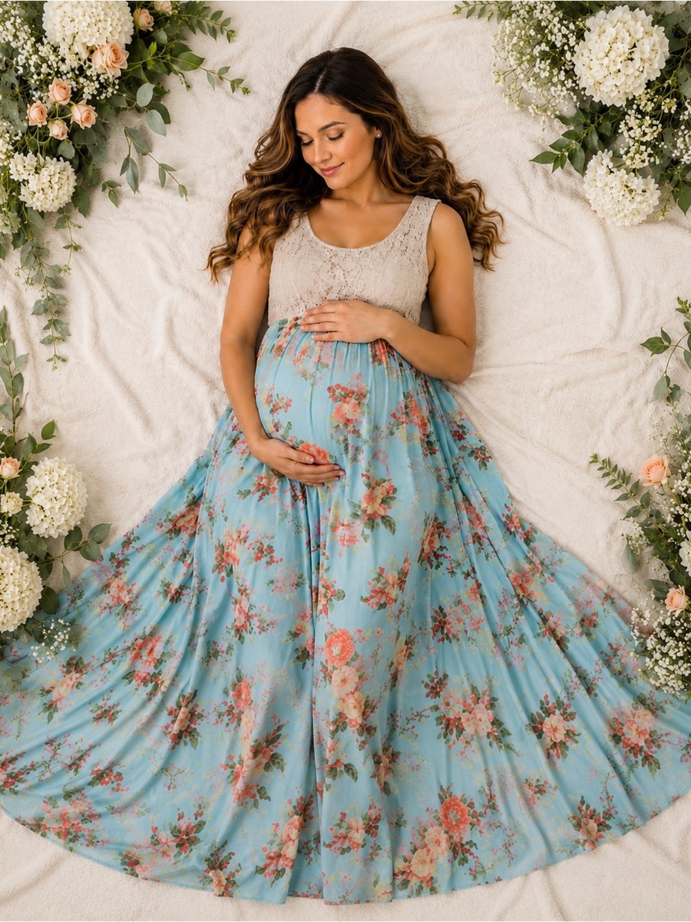 PinkBlush Maternity Floral Lace Maxi Dress – Blue Floral Sleeveless Boho